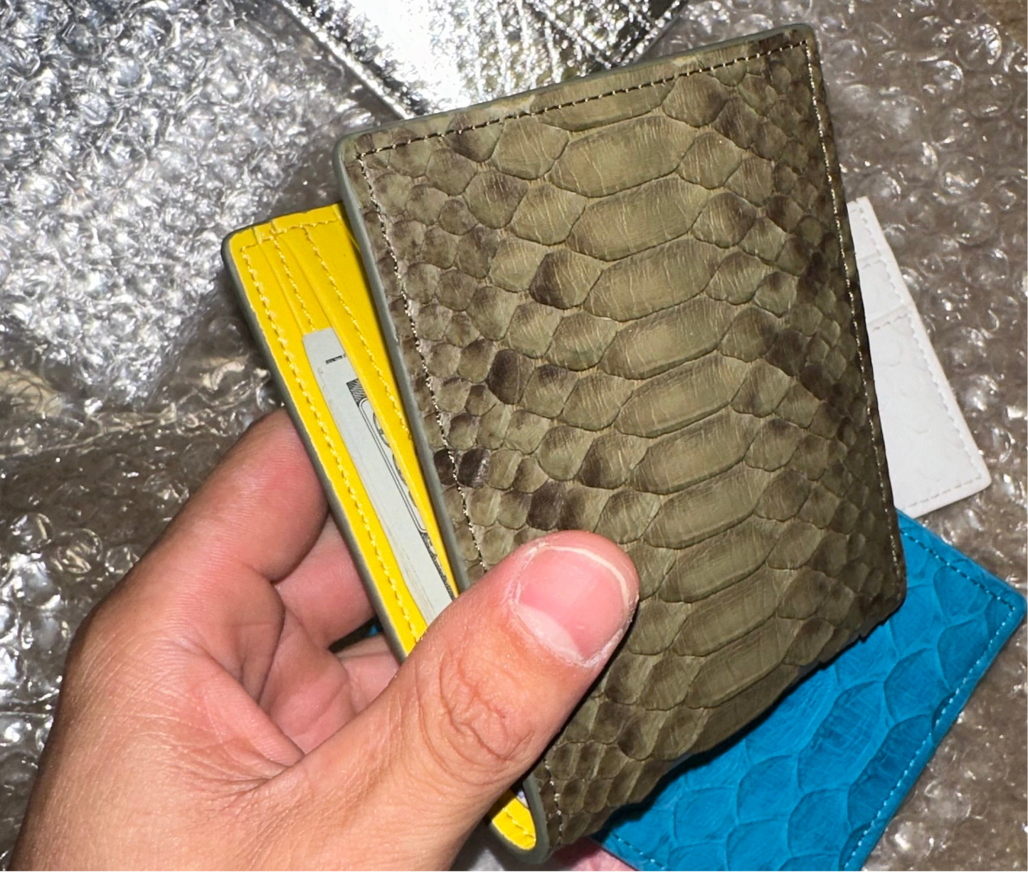 111 ‘Hidden Sun’ Real Python Skin Bi Fold Wallet (Natural/Yellow)