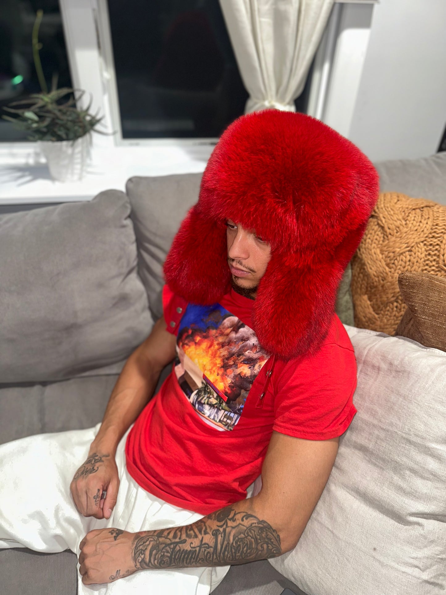 ‘Swiper’ Real Fox Fur Hat (Red)